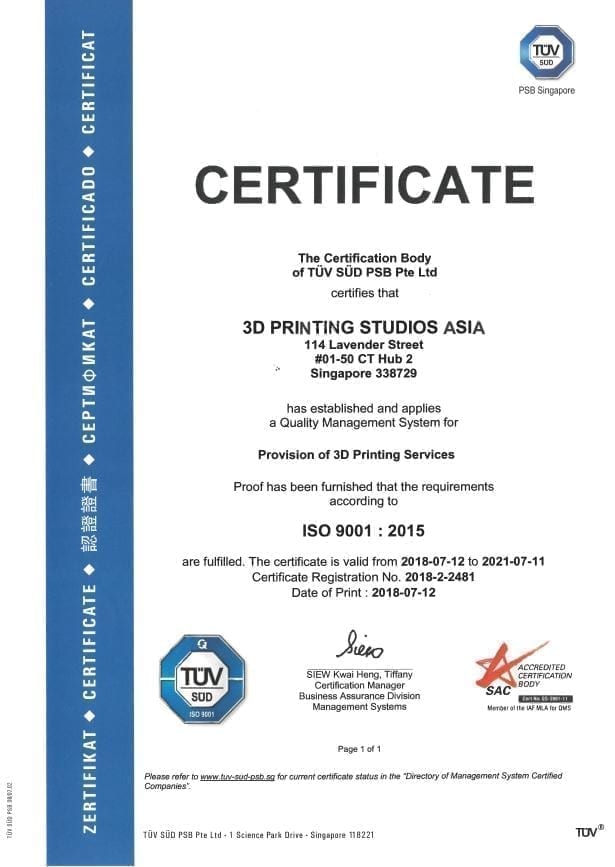 ISO 9001:2015 Certified in 3D Printing Services