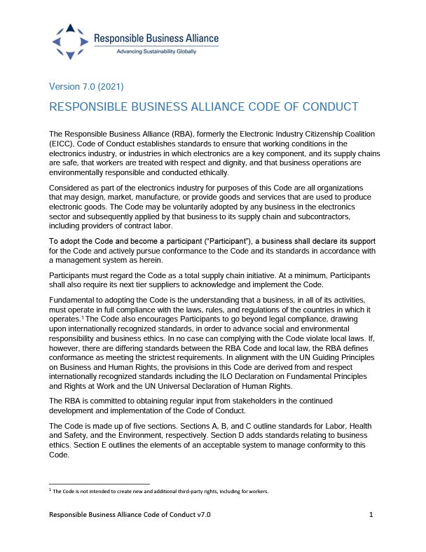Responsible Business Alliance Code of Conduct